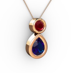 İkili Damla Kolye - Lab safir ve kök yakut 14 ayar rose altın kolye (40 cm rose altın rolo zincir) #1t5m2qq