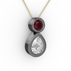 İkili Damla Kolye - Beyaz zirkon ve rodolit garnet 925 ayar siyah rodyum kaplama gümüş kolye (40 cm altın rolo zincir) #1tb3lbk