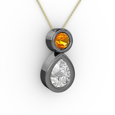İkili Damla Kolye - Swarovski ve sitrin 925 ayar siyah rodyum kaplama gümüş kolye (40 cm altın rolo zincir) #1tds5m3