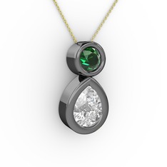 İkili Damla Kolye - Swarovski ve yeşil kuvars 925 ayar siyah rodyum kaplama gümüş kolye (40 cm altın rolo zincir) #1tq1ih