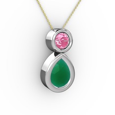 Kök zümrüt ve pembe kuvars 14 ayar beyaz altın kolye (40 cm altın rolo zincir)
