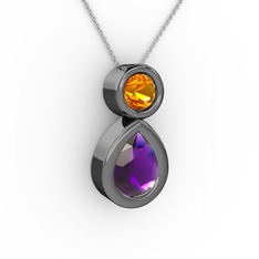 İkili Damla Kolye - Ametist ve sitrin 925 ayar siyah rodyum kaplama gümüş kolye (40 cm beyaz altın rolo zincir) #1u9c4m1