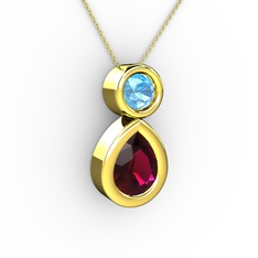 İkili Damla Kolye - Rodolit garnet ve akuamarin 8 ayar altın kolye (40 cm altın rolo zincir) #1ul7xxk