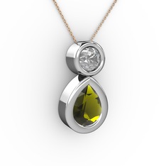 İkili Damla Kolye - Peridot ve beyaz zirkon 8 ayar beyaz altın kolye (40 cm gümüş rolo zincir) #1uredwh