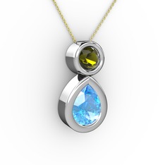 İkili Damla Kolye - Akuamarin ve peridot 8 ayar beyaz altın kolye (40 cm gümüş rolo zincir) #1use1dw