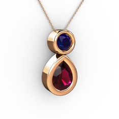 İkili Damla Kolye - Rodolit garnet ve lab safir 14 ayar rose altın kolye (40 cm gümüş rolo zincir) #1utcdyg