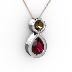Rodolit garnet ve dumanlı kuvars 14 ayar beyaz altın kolye (40 cm rose altın rolo zincir)