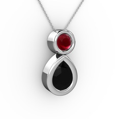 İkili Damla Kolye - Siyah zirkon ve kök yakut 18 ayar beyaz altın kolye (40 cm beyaz altın rolo zincir) #1uyelgq