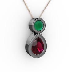 İkili Damla Kolye - Rodolit garnet ve kök zümrüt 925 ayar siyah rodyum kaplama gümüş kolye (40 cm rose altın rolo zincir) #1v9hvk