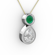 İkili Damla Kolye - Swarovski ve kök zümrüt 8 ayar beyaz altın kolye (40 cm gümüş rolo zincir) #1vbc8al
