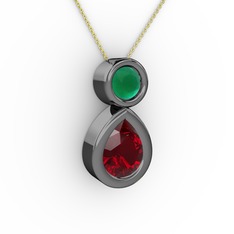 İkili Damla Kolye - Garnet ve kök zümrüt 925 ayar siyah rodyum kaplama gümüş kolye (40 cm altın rolo zincir) #1w4xubx
