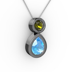 İkili Damla Kolye - Akuamarin ve peridot 925 ayar siyah rodyum kaplama gümüş kolye (40 cm beyaz altın rolo zincir) #1wdigi7