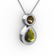 Peridot ve dumanlı kuvars 8 ayar beyaz altın kolye (40 cm gümüş rolo zincir)