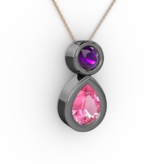 İkili Damla Kolye - Pembe kuvars ve ametist 925 ayar siyah rodyum kaplama gümüş kolye (40 cm rose altın rolo zincir) #1wp8t5k