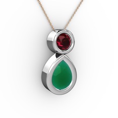 Kök zümrüt ve rodolit garnet 18 ayar beyaz altın kolye (40 cm rose altın rolo zincir)