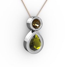 Peridot ve dumanlı kuvars 14 ayar beyaz altın kolye (40 cm rose altın rolo zincir)
