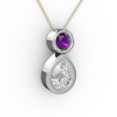 İkili Damla Kolye - Swarovski ve ametist 8 ayar beyaz altın kolye (40 cm altın rolo zincir) #1xkkpdf