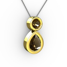 İkili Damla Kolye - Dumanlı kuvars 18 ayar altın kolye (40 cm gümüş rolo zincir) #1xlbxee