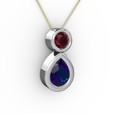 İkili Damla Kolye - Lab safir ve rodolit garnet 18 ayar beyaz altın kolye (40 cm altın rolo zincir) #1xm07bx