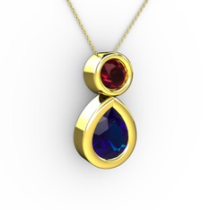 İkili Damla Kolye - Lab safir ve rodolit garnet 8 ayar altın kolye (40 cm altın rolo zincir) #1xtgm3m