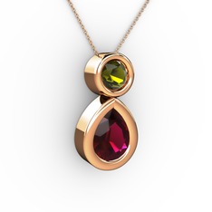 İkili Damla Kolye - Rodolit garnet ve peridot 8 ayar rose altın kolye (40 cm rose altın rolo zincir) #1y4am7u