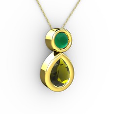 İkili Damla Kolye - Peridot ve kök zümrüt 925 ayar altın kaplama gümüş kolye (40 cm gümüş rolo zincir) #1yfshcu