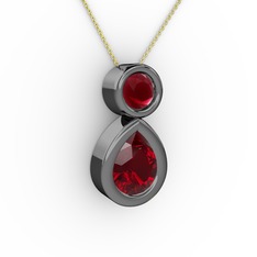 İkili Damla Kolye - Garnet ve kök yakut 925 ayar siyah rodyum kaplama gümüş kolye (40 cm gümüş rolo zincir) #1yg0oia