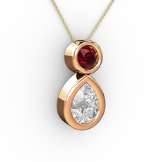 İkili Damla Kolye - Beyaz zirkon ve garnet 18 ayar rose altın kolye (40 cm altın rolo zincir) #1yg19oc