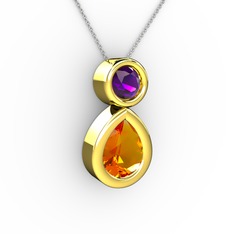 İkili Damla Kolye - Sitrin ve ametist 925 ayar altın kaplama gümüş kolye (40 cm beyaz altın rolo zincir) #1ymi17e