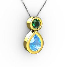 İkili Damla Kolye - Akuamarin ve yeşil kuvars 14 ayar altın kolye (40 cm gümüş rolo zincir) #1yu1rb4
