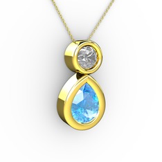 İkili Damla Kolye - Akuamarin ve pırlanta 14 ayar altın kolye (0.5 karat, 40 cm altın rolo zincir) #1yuzpdf