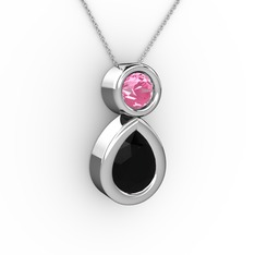 İkili Damla Kolye - Siyah zirkon ve pembe kuvars 14 ayar beyaz altın kolye (40 cm beyaz altın rolo zincir) #2ck8p7