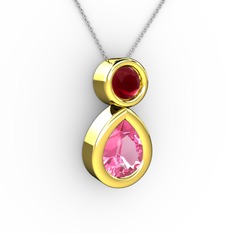 Pembe kuvars ve kök yakut 18 ayar altın kolye (40 cm beyaz altın rolo zincir)