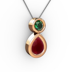 İkili Damla Kolye - Kök yakut ve yeşil kuvars 8 ayar rose altın kolye (40 cm gümüş rolo zincir) #2gbgx1