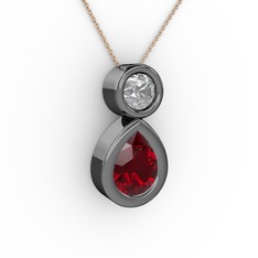 İkili Damla Kolye - Garnet ve swarovski 925 ayar siyah rodyum kaplama gümüş kolye (40 cm rose altın rolo zincir) #2l16ai