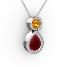 İkili Damla Kolye - Kök yakut ve sitrin 925 ayar gümüş kolye (40 cm gümüş rolo zincir) #2p6ueb