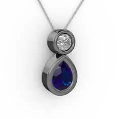 İkili Damla Kolye - Lab safir ve swarovski 925 ayar siyah rodyum kaplama gümüş kolye (40 cm beyaz altın rolo zincir) #2pwcm9
