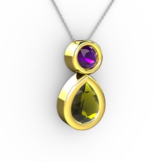 İkili Damla Kolye - Peridot ve ametist 925 ayar altın kaplama gümüş kolye (40 cm gümüş rolo zincir) #2tjvbr