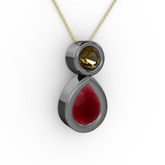 İkili Damla Kolye - Kök yakut ve dumanlı kuvars 925 ayar siyah rodyum kaplama gümüş kolye (40 cm altın rolo zincir) #2usfk9