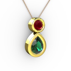 İkili Damla Kolye - Yeşil kuvars ve kök yakut 14 ayar altın kolye (40 cm rose altın rolo zincir) #30ys8k