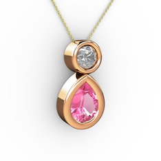 İkili Damla Kolye - Pembe kuvars ve pırlanta 18 ayar rose altın kolye (0.5 karat, 40 cm gümüş rolo zincir) #362rio
