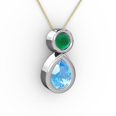 Akuamarin ve kök zümrüt 8 ayar beyaz altın kolye (40 cm altın rolo zincir)