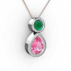 Pembe kuvars ve kök zümrüt 8 ayar beyaz altın kolye (40 cm rose altın rolo zincir)