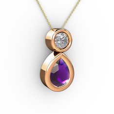 İkili Damla Kolye - Ametist ve swarovski 14 ayar rose altın kolye (40 cm altın rolo zincir) #3jgk0s