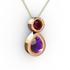 İkili Damla Kolye - Ametist ve rodolit garnet 14 ayar rose altın kolye (40 cm altın rolo zincir) #3n8yvn