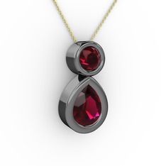 İkili Damla Kolye - Rodolit garnet 925 ayar siyah rodyum kaplama gümüş kolye (40 cm altın rolo zincir) #3wyqtm