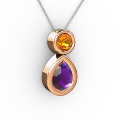 İkili Damla Kolye - Ametist ve sitrin 18 ayar rose altın kolye (40 cm beyaz altın rolo zincir) #46gni9