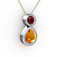 İkili Damla Kolye - Sitrin ve garnet 14 ayar beyaz altın kolye (40 cm gümüş rolo zincir) #4avdge