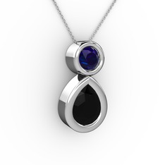 İkili Damla Kolye - Siyah zirkon ve lab safir 925 ayar gümüş kolye (40 cm beyaz altın rolo zincir) #4ev088