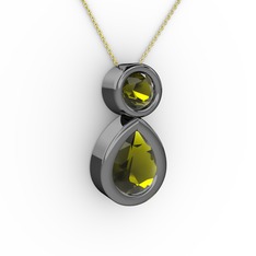İkili Damla Kolye - Peridot 925 ayar siyah rodyum kaplama gümüş kolye (40 cm gümüş rolo zincir) #4zincs